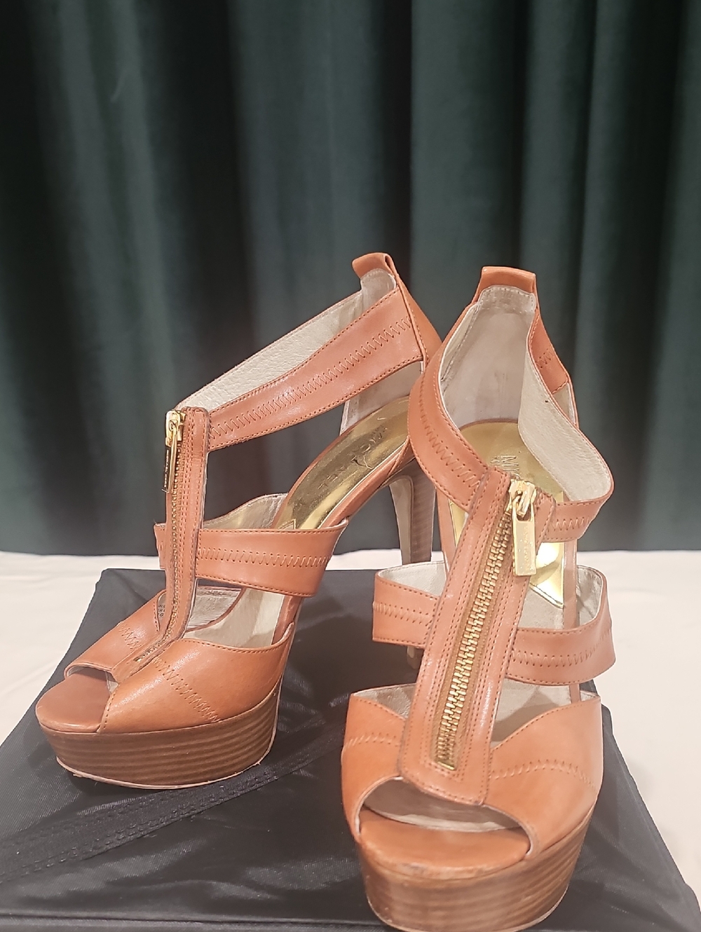 Michael Kors Cognac Leather Zip-Front Platform Sandals